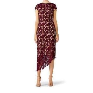 LM Collection burgundy nude lace asymmetric midi dress - size 4.